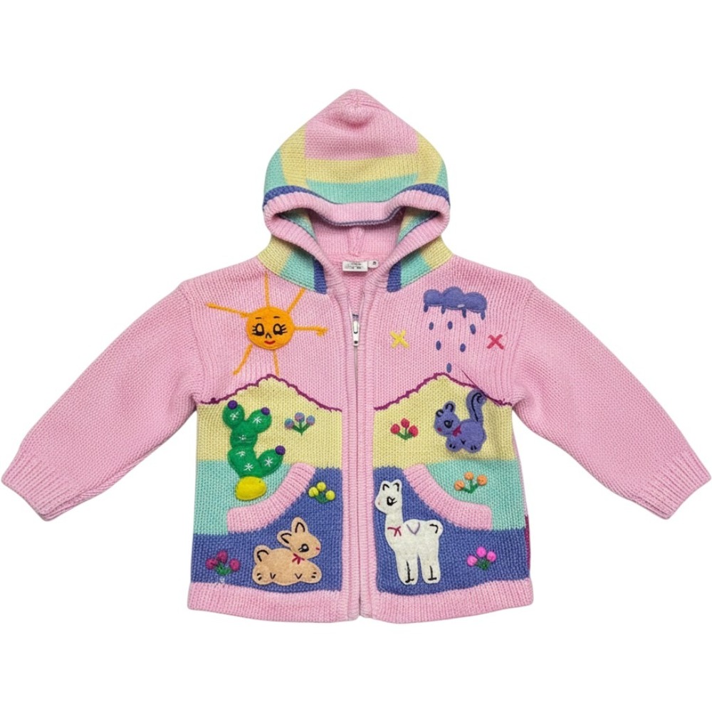 Kenelma Peru Girls Pink Pastel Knit Hooded Cardigan Llama Sun Cactus Size 6 READ